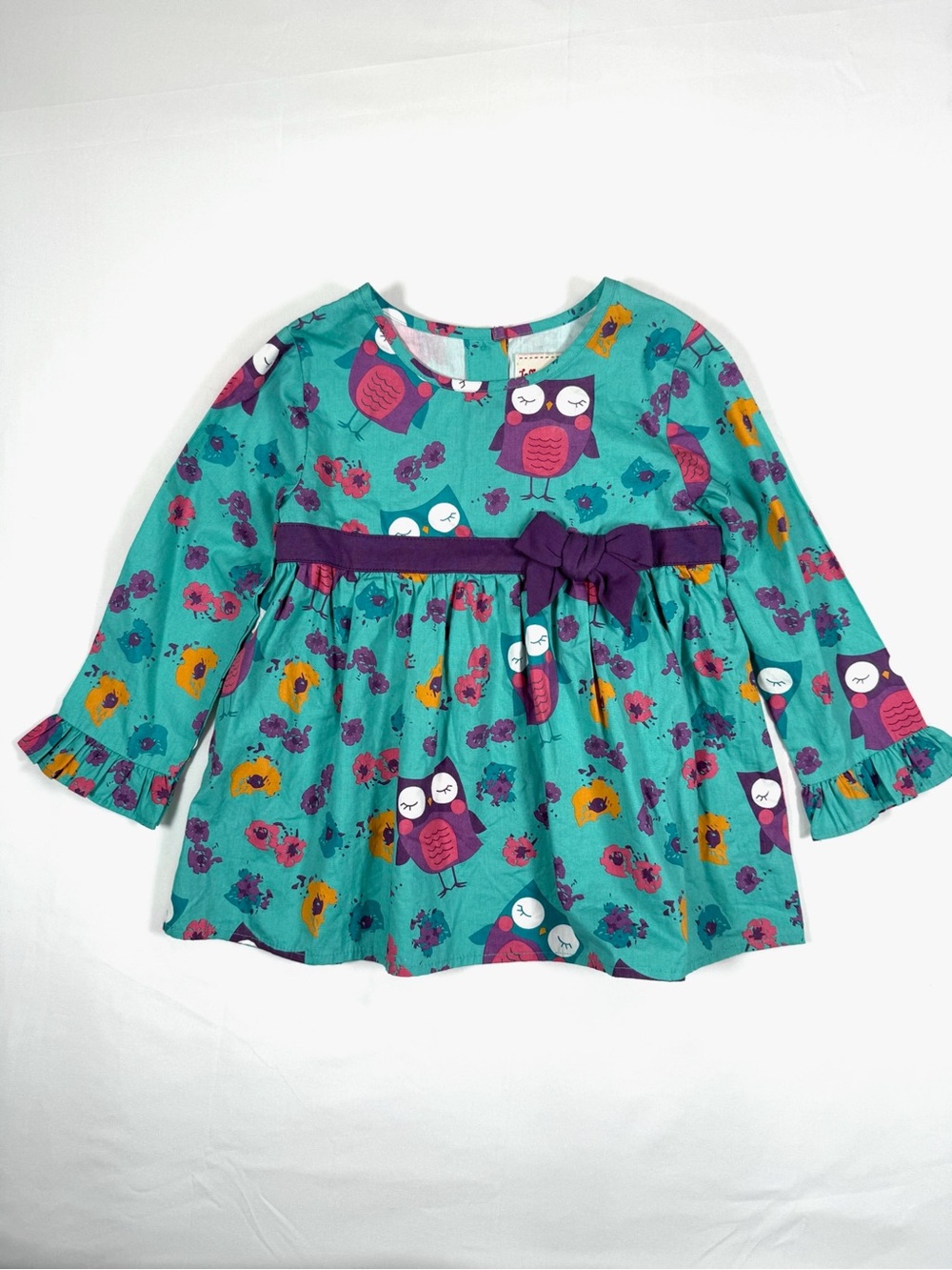TOFFEE APPLE Girls Owl Floral Bow Dress Size 3T Teal Cottagecore Whimsical